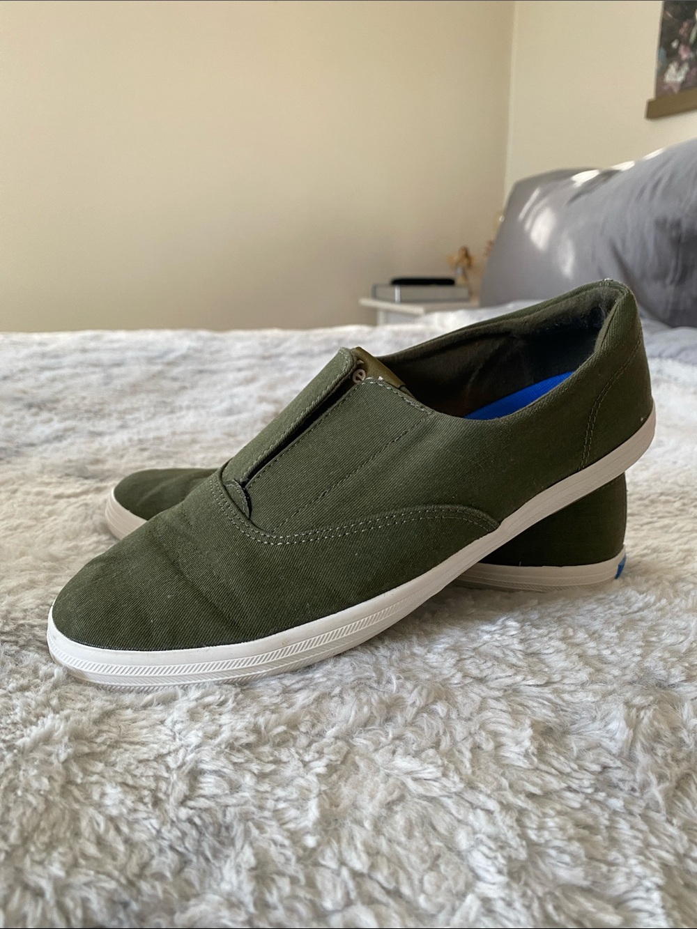 Keds Olive Green Canvas Slip-On Flats with White Sole